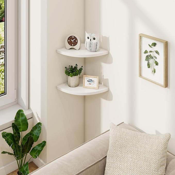 Fun Memories Corner Shelf Wall Mount, Solid Oak Wood Floating Corner Shelves with Cable Hole, 8.5in Rustic Design for Bedroom, Bathroom, Kitchen, Living Room (White, 1 Pack)