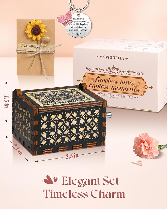 Swooflia Mother's Day Wooden Music Box for Grandma with Sunflower Greeting Card- Hand Crank Engraved Musical Box Vintage Mechanism Personalized Gifts for Mom On Birthday