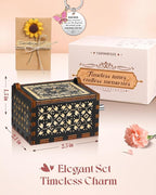 Swooflia Mother's Day Wooden Music Box for Grandma with Sunflower Greeting Card- Hand Crank Engraved Musical Box Vintage Mechanism Personalized Gifts for Mom On Birthday