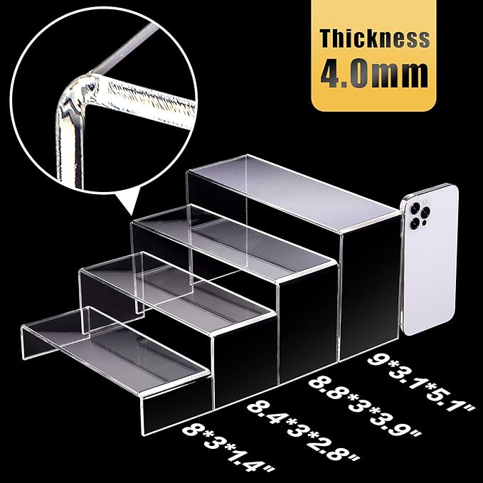 Anglelife Large Acrylic Risers, 8 Pcs 2 Set (7”L~8”L~9”L) Rectangular Stands Shelf Clear for Decor, Clear Display Risers Cake Shelves Retail Shoe Showcase