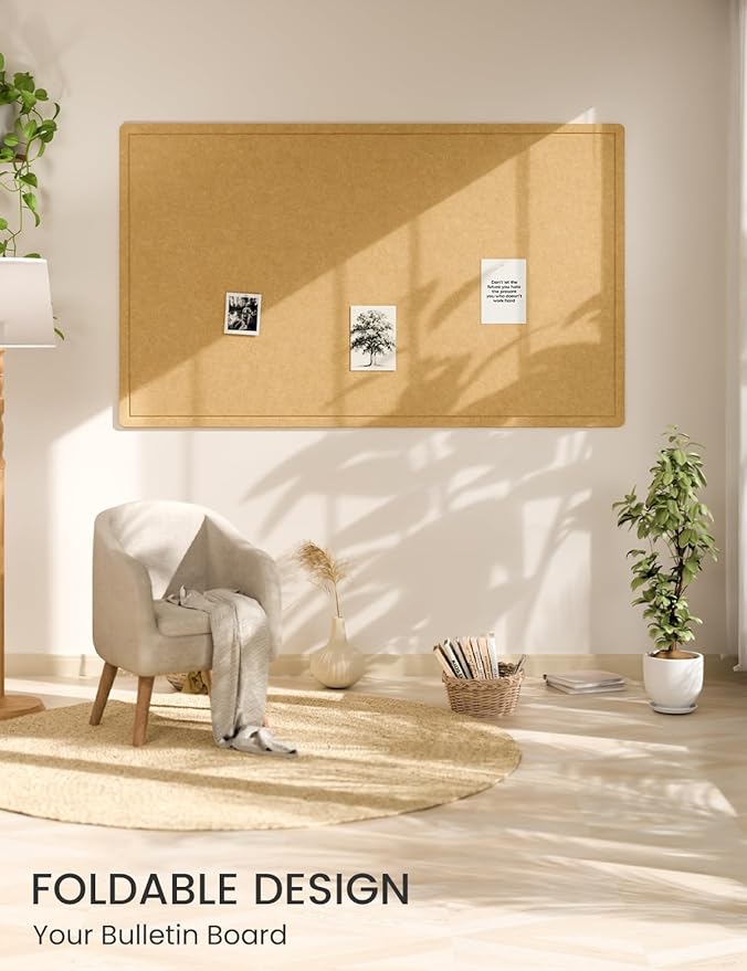 Fluxynara Large Bulletin Board, 59" x 35.4" Cork Board Alternative with 24 Safe Removable Adhesive Tabs, Foldable Felt Pin Board for Home Office, Classroom, Bedroom,Entryway for Walls—Mustard Yellow