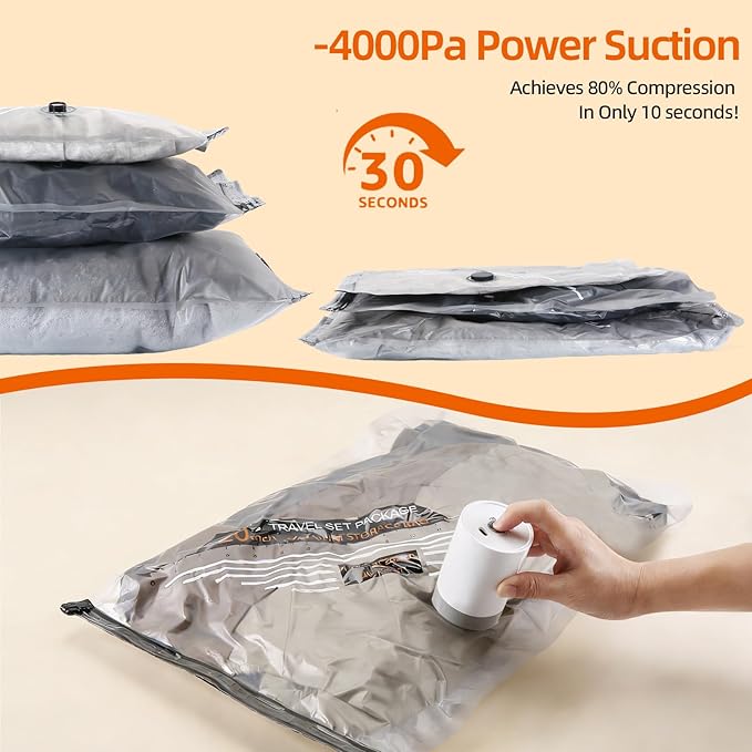 Vacuum Storage Bags For Clothes With Rechargeable Air Pump, 9 Pack Compression Packing Bags For Luggage, Space Saver Bags For Travel, Carry-On Size Vacuum Seal Bags