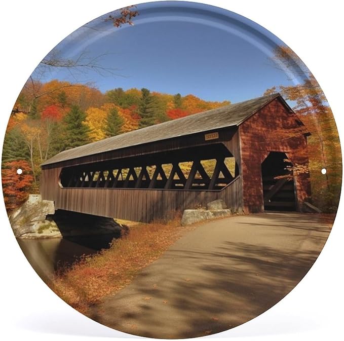 Wall Picture, with Albany Covered Bridge Printed Circular Iron Hanging Picture,Wall Art Decor,Home for Bedroom Living Room Bathroom Decor,Iron Painting 11.8X11.8 in