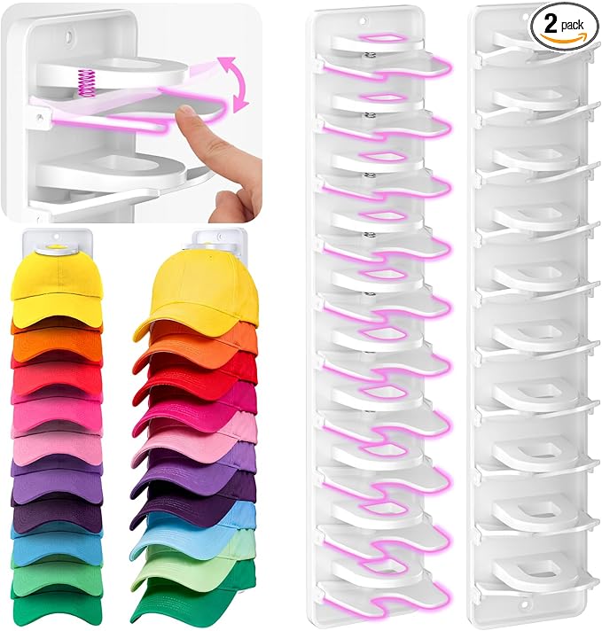 Spring Clip Hat Organizer for Baseball Caps – 2 Pack, Wall Hat Rack for Door & Closet – Keeps 20 Hats Tidy in Garage, Dorm, Man Cave – Multi-Layer Cap Storage (White)
