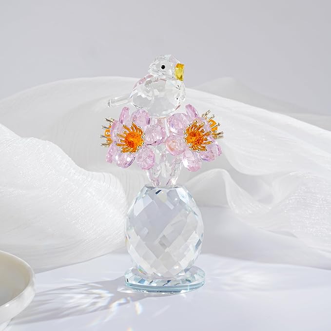 Crystal Bird & Forget-Me-Not Flower Figurine,3x4 inch Glass Flower Collectible Ornaments for Home Decor Table Centerpiece Glass Bouquet Flowers Keepsake Gifts for Women （Pink）