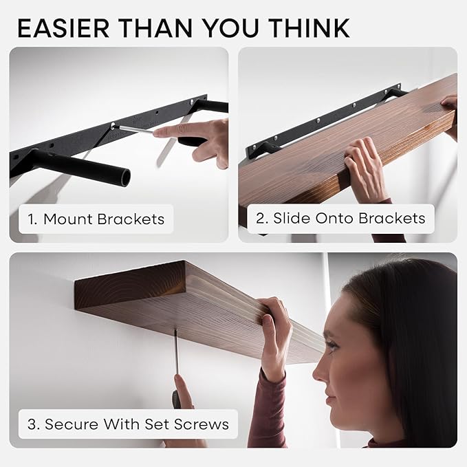 Homeforia Classic Walnut 60 inch Floating Shelf, High End Solid Real Wood Small 60inch Floating Shelves for Wall Mounted, 60in Floating Shelves, Heavy Duty Bracket, 60 X 6.5 X 1.75 inches, Set of 3