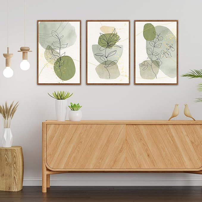 KAlRNE Boho Botanical Framed Canvas Wall Art Set of 3(16”X24”),Abstract Sage Green Wall Decor,Minimalist Watercolor Picture,Modern Geometric Black Line Art Prints For Living Room Bedroom Office