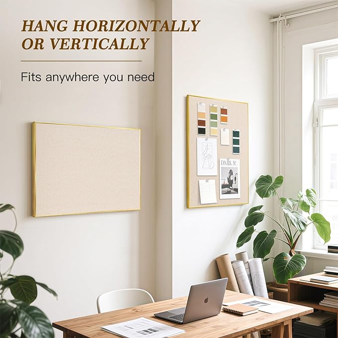 Linen Bulletin Board 36" x 24", Fabric Pin Board with Gold Aluminum Frame, Decorative Vision Board for Home Office, Bedroom & Dorm Wall Decor, Includes 10 Push Pins, Beige