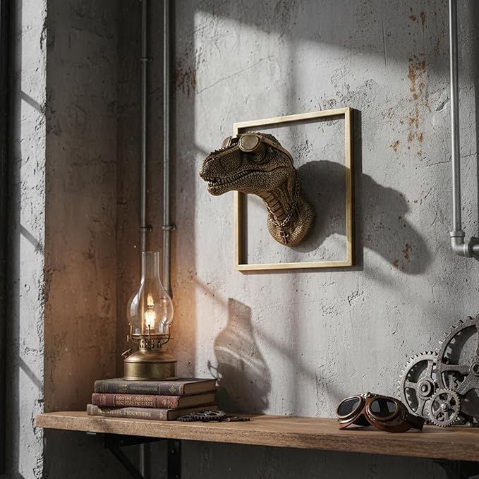JJALIGHTS Exquisite Resin Animal Head Wall Dragon Sculpture (Gift Metal Frame) - Imitation Copper Vintage Decor for Living Room, Bedroom & Office | Decorative Wall Hanging Art (Dinosaur)