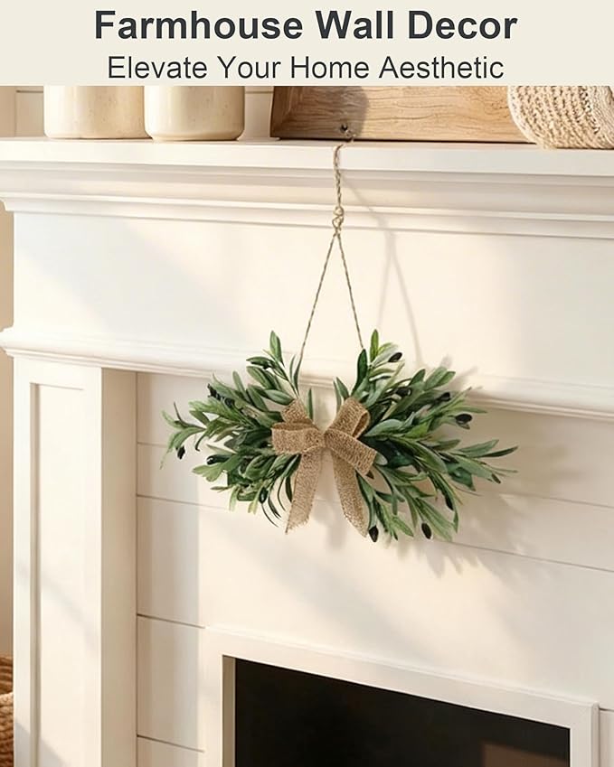 24" Handmade Artificial Olive Swag (2PC), Realistic Greenery Swag with Natural Burlap Bow, Easy to Hang Symmetrical Olive Branch Wreath for Front Door, Wedding Arch, Mantle & Farmhouse