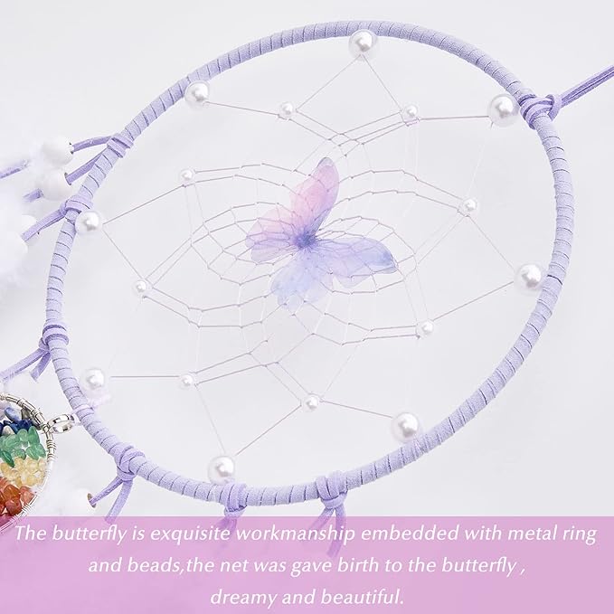 Dreamlike Butterfly Tree of Life Dream Catcher Wall Decor Purple Dream Catcher with Crystal Stone Handmade Feather Dreamcatchers Home Decor Wall Hanging for Girls Bedroom Wedding Craft Gift-29.5"