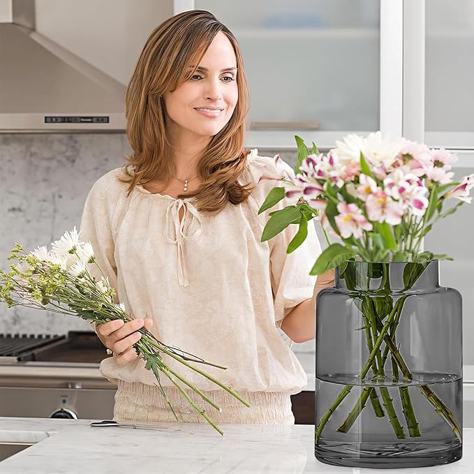 9 Inch Tall Vases for Flowers, Large Glass Vase for Centerpieces, Clear Glasses Home Decor Modern Jarrones Decorativos for Wedding Living Room Dining Table (Gray)