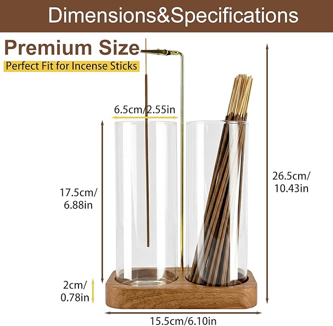 Incense Holder,Wooden Incense Holder for Sticks with 20 Incense Sticks, Anti-ash Incense Burner with Glass Ash Catcher, Wood Incense Holder 20 Stick (2 Glass Rectangle Base)