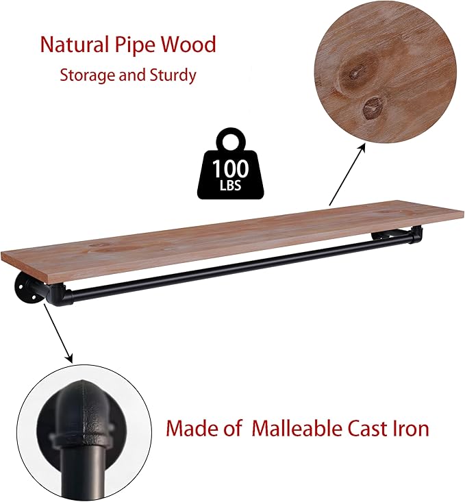 Clothes Rack 48in, Wall Mounted Garment Rack with Real Wood Shelf, Heavy Duty Hanging Clothes Rack, Multi-Purpose Hanging Rod, Space-Saving Closet Storage