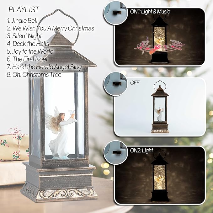 12" Christmas Snow Globe Lantern with Angel and Dove - Water Glittering LED Light Lantern with Music - Vintage Xmas Angel Gifts - USB Plug or Battery Operated Home Decor (Angel)