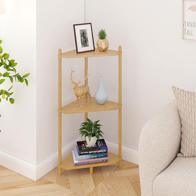 Wisuce Corner Shelf Stand - 3 Tier Bamboo Small Corner Bookshelf for Office Kitchen Bedroom Plant Stand Living Room Decor Small Space (Nature)