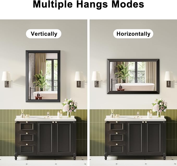 Black Bathroom Mirror for Over Sink, 22x30Inch Thick Anti-Rust Metal Frame, Rectangle Decorative Wall Mirror with HD Tempered Glass Horizontal or Vertical Mount for Vanity, Bedroom, Living Room