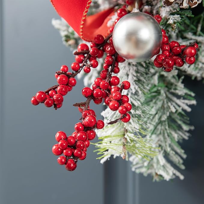 Glitzhome 25" Flocked Christmas Teardrop Door Swag with Berries, Ornaments and Pinecones Snow Dusted Hanging Garland for Front Door Indoor Holiday Decor