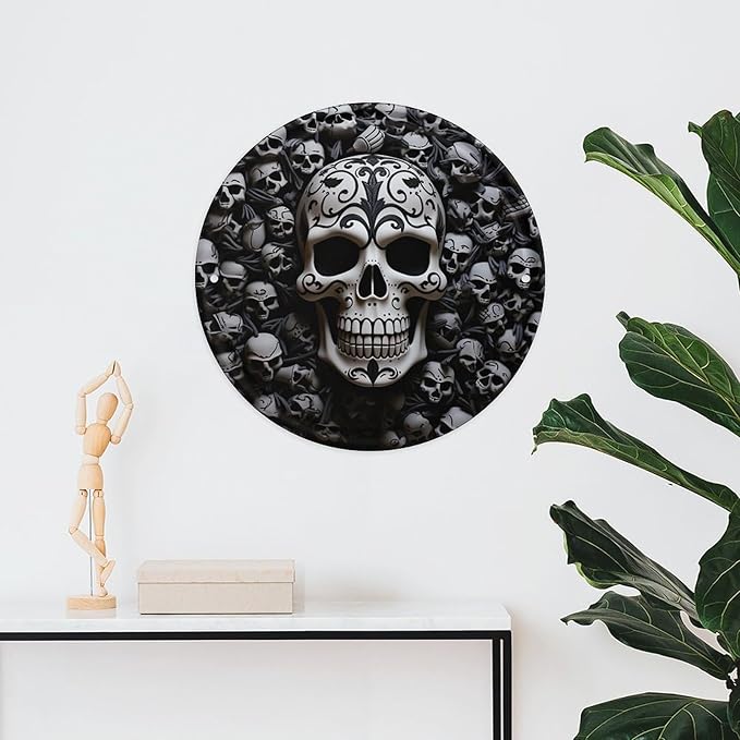 Wall Picture, with Black and White Skulls Printed Circular Iron Hanging Picture,Wall Art Decor,Home for Bedroom Living Room Bathroom Decor,Iron Painting 11.8X11.8 in