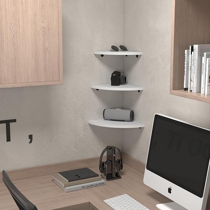 HORLIMER Floating Corner Shelf Wall Mount, Set of 6 Rustic Wood Corner Wall Shelves for Bedroom, Living Room, Bathroom, Kitchen (White)