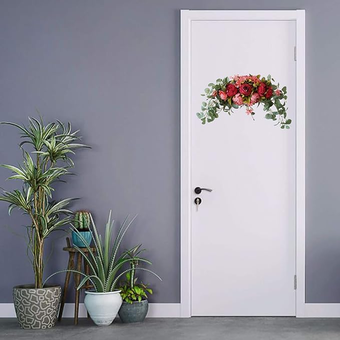 30 Inch Artificial Peony Flower Swag, Decorative Floral Swag with Fake Peonies Hydrangeas Eucalyptus Leaves Handmade Garland Wreath for Wedding Party Home Decor(Red)