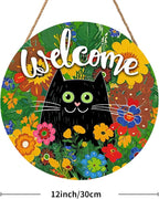 Welcome Spring Summer Black Cat Sign for Front Door Decor Spring Flowers Door Hanger for Outdoor Outside Porch Seasonal Summer Farmhouse Wooden Wreath Colorful Wall Hanging Decoration 12"x12"