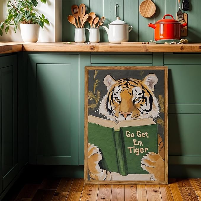 Framed Funny Tiger Wall Art, Motivational Animal Reading Wall Decor Paintings, Eclectic Go Get Em Tiger Canvas Prints Pictures Home Decor for Living Room Bedroom Dorm Office 12x16 inch