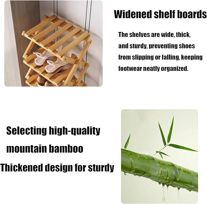 9 Tier Bamboo Shoe Rack, Foldable Shoe Rack, Shoe Rack, Ertical Shoe Organizer for Small Spaces, No Assembly Narrow Shoe Shelf for Entryway Closet Dorm (Brown, 5 Layers)