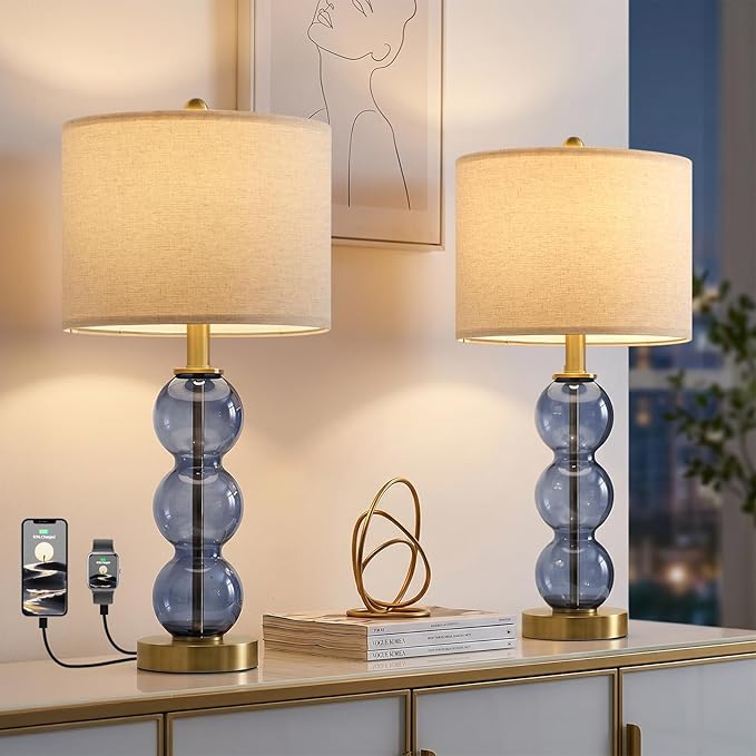 Oneach 25" Blue Table Lamps for Living Room, Glass Modern Table Lamp Set of 2, USB Charging Ports, Linen Shade, Bedside Lamps for Bedroom, Nightstand, Side Table