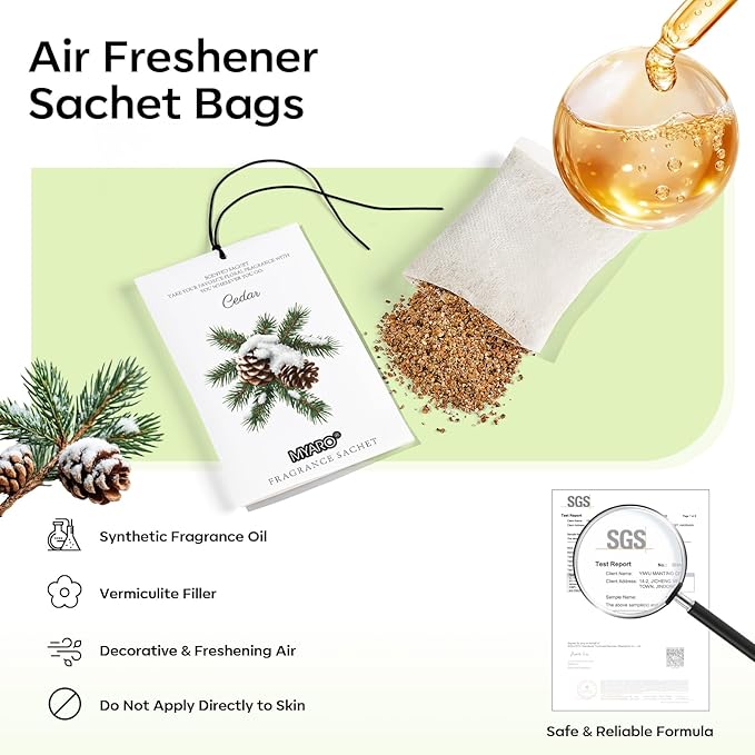 MYARO 12 Pack Cedarwood Scented Sachets for Drawer, Closet & Small Spaces Air Freshener Bags, Odor Eliminator for Car, Shoes, Gym Bag Home Fragrance Gift Set