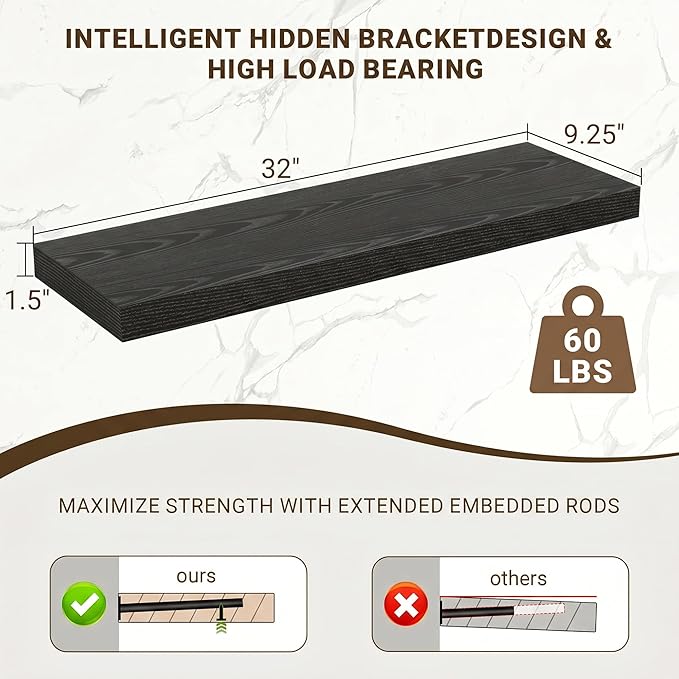 Acovy 32 Inch Floating Shelves, 3D Textured Wood Grain, 32"x9.25"x1.5" Inch Deep Floating Shelves for Wall, Wooden Shelves for Bathroom, Bedroom, Living Room, Black, 2 Pieces