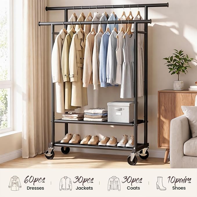Double Rods Clothes Rack, Rolling Clothing Rack for Hanging Clothes Closet Rack with Wheels, Metal Portable Garment Rack with Double Shelves for Bedroom Laundry Living Room, Black