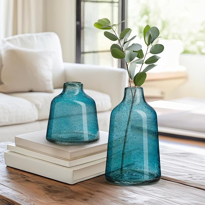 Torre & Tagus 10 Inch Tall Blue Glass Vase with Gold Flakes, Mouth Blown Glass Vase Blue Flower Vase Centerpieces, Watertight for Hydroponic Plants, Coastal Decor Accents (Marina)