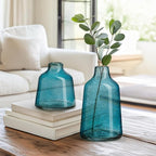 Torre & Tagus 10 Inch Tall Blue Glass Vase with Gold Flakes, Mouth Blown Glass Vase Blue Flower Vase Centerpieces, Watertight for Hydroponic Plants, Coastal Decor Accents (Marina)