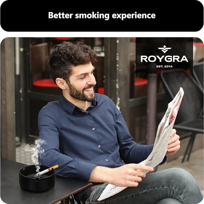 roygra Ash Tray (5 Pack), Outdoor Ashtray for Outside Patio, Resin Ashtrays for Cigarettes with 3 Holder, Smoking Accessories, Home Décor, Stackable Ashtrays for Smokers Indoor - Black