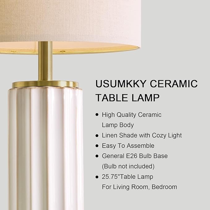 USumkky 25.75" Off-White Ceramic Table Lamp Set of 2, Mid Century Modern Bedside Nightstand Lamps for Bedroom Living Room, Linen Shade & Gold Metal Base, Rotary Switch E26 (Bulbs Excluded)