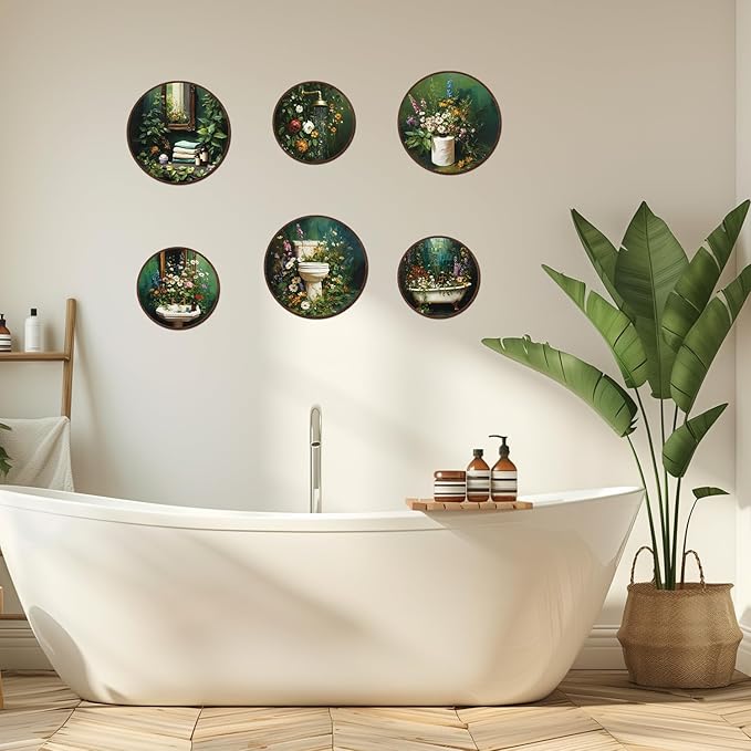 TOARTi 6pcs Vintage Floral Bathroom Wall Art Set(9.9”x3/7.9”x3) Round Dark Green Botanical Wall Plaques Moody Bathroom Wooden Hanging Vintage Wildflower Shower Bath Wall Decor for Restroom