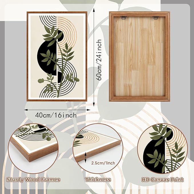 KAlRNE Boho Botanical Framed Canvas Wall Art Set of 3(16”X24”),Abstract Wall Decor,Minimalist Sage Green Picture Photography Geometric Line Black Art Prints For Living Room Bedroom Office