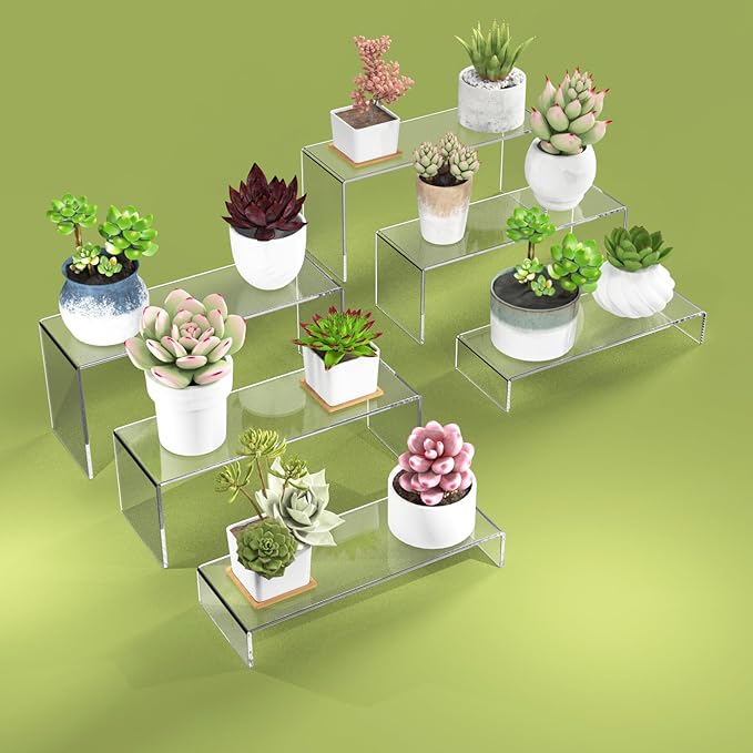 6 PCs Risers Display Stands 3 Tiers Desktop Acrylic Shelves Cake Dessert Holder Products Stand for Collectibles Shoes Jewels Pop Figure (Clear)