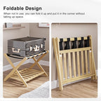 Smuxee Fully Assembled Luggage Rack for Guest Room, Upgraded Bamboo Foldable Suitcase Stand with 5 Nylon Straps, Nature Luggage Holder with Shelf for Bedroom Hotel