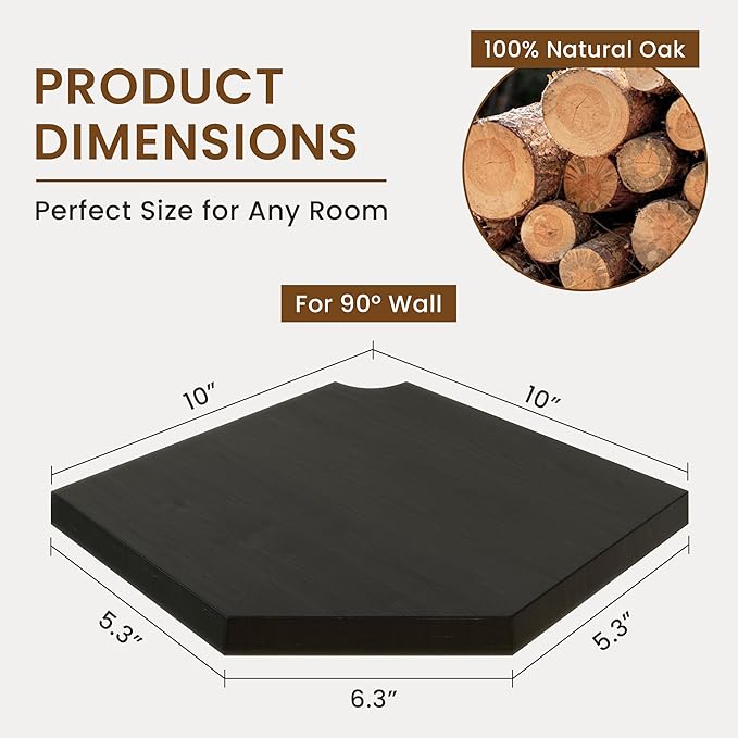 Fun Memories Corner Shelf Wall Mount, Solid Oak Wood Floating Corner Shelves with Cable Hole, 10in Rustic Design for Bedroom, Bathroom, Kitchen, Living Room (Black, 1 Pack)
