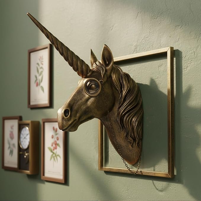 JJALIGHTS Exquisite Resin Animal Head Wall Sculpture (Gift Metal Frame) - Imitation Copper Vintage Decor for Living Room, Bedroom & Office | Decorative Wall Hanging Art (Unicorn)