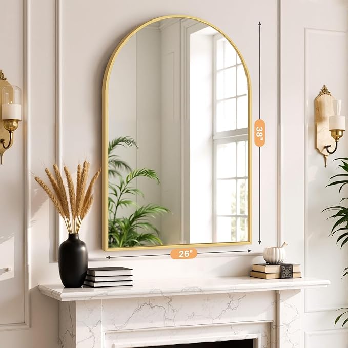 Bathroom Mirror for Wall, 38x26 Inch Arched Mirror, Matte Gold Metal Framed Bathroom Vanity Mirror for Restroom Farmhouse, Anti-Rust, Tempered Glass, Hanging or Leaning