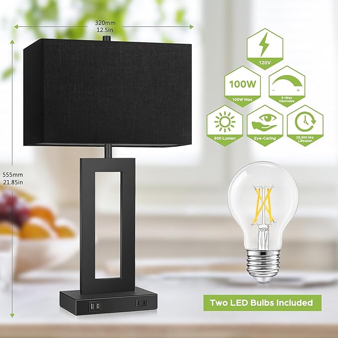 Set of 2 Touch Control Table Lamps with 2 USB Ports&AC Outlet, 3-Way Dimmable Modern Nightstand Lamp Sets, Bedside Black Lamps for Bedroom Living Room End Tables Reading, Bulbs Included, Black Shade