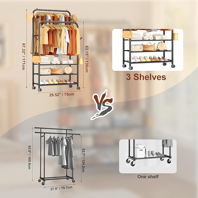 Furologee Clothes Racks for Hanging Clothes, Portable Rolling Garment Rack, Sturdy Metal Freestanding Cloths Racks with Wheels, Double Rods Wardrobe Rack for Bedroom Laundry Living Room
