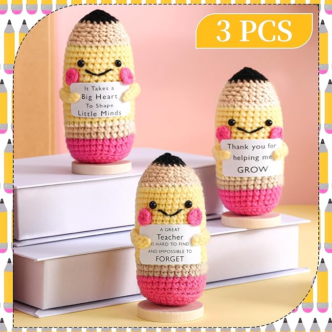 Wavwavw 3 Pack Teacher Appreciation Gift Positive Flower Handmade Crochet Doll Thank You for Helping Me Grow Gifts Back to School Gifts for Women Teacher(Pencil)