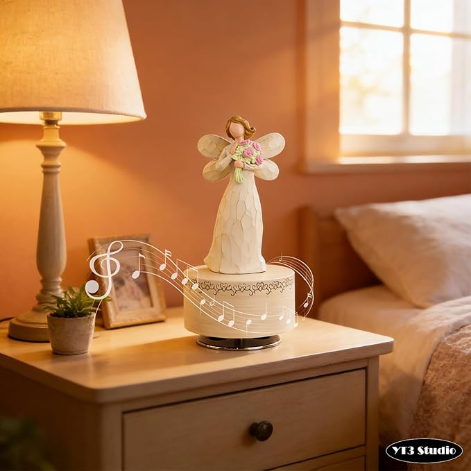 Angel with Flowers Resin Music Box, Hand-Wind Rotating Angel Figurines Musical Gift for Women, Mothers, Daughters - Perfect for Christmas, Birthday, Mother's Day & Anniversaries