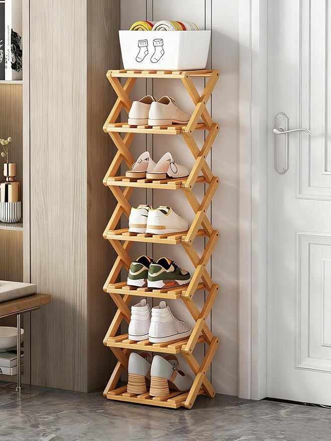 The 9-Tier No-Assembly Bamboo Rack, New Upgrade 9 Tier Bamboo Shoe Rack, Space-Saving Tall Narrow Accordion Shoe Rack for Entryway Closet Dorm (Natural-7)