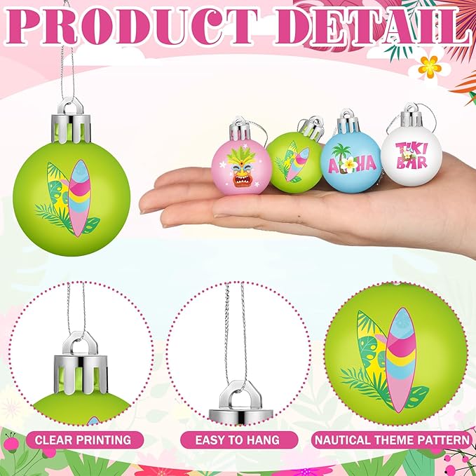 HyDren 40 Pcs Summer Tree Ornaments Mini Summer Hanging Tree Decorations 1.2 Inch Pastel Flamingo Surboard Pineapple Palm Beach Tropical Ball Decorations for Home Luau Holiday Decorative Supplies