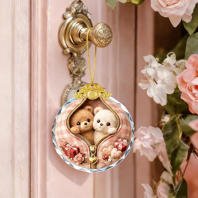 Crystal Teddy Bear Couple Ornament Suncatcher Home Decoration Car Interior Decorations Charm Pendant for Men Women Teens Graduation Gifts Friendship Birthday Gifts for Friend Female Xmas Gifts